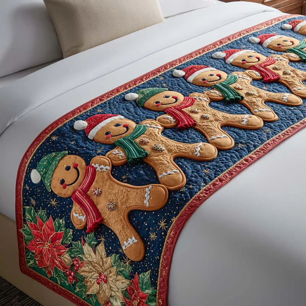 Gingerbread Holiday Charm Quilted Bed Runner Gingerbread Scene Christmas Gift for Neighbors