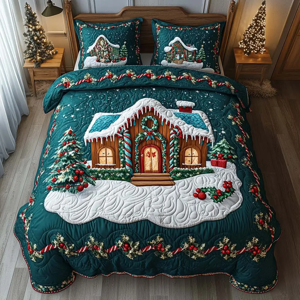 Gingerbread House Quilted Bedding Set Perfect Bedding Gift Set for Family and Friends