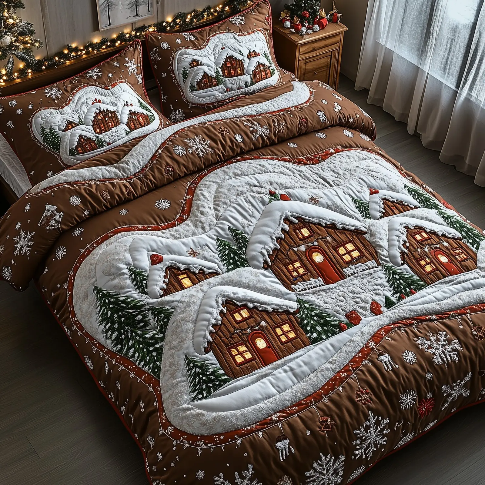 Gingerbread Town Christmas Quilted Bedding Set Duvet Cover Bedspread Cute Chrismas Gifts For Kids