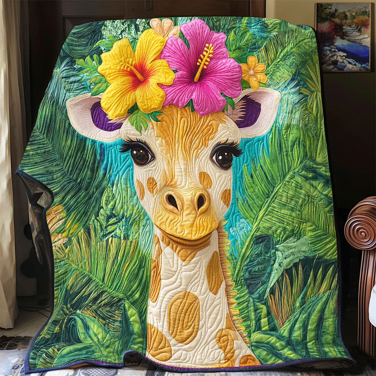 Giraffe Hawaii Quilt Blanket Fluffy Throw Blanket Floral Gifts For Giraffe Lovers Giraffe Hawaii Quilt Blanket Fluffy Throw Blanket Floral Gifts For Giraffe Lovers - Image 1