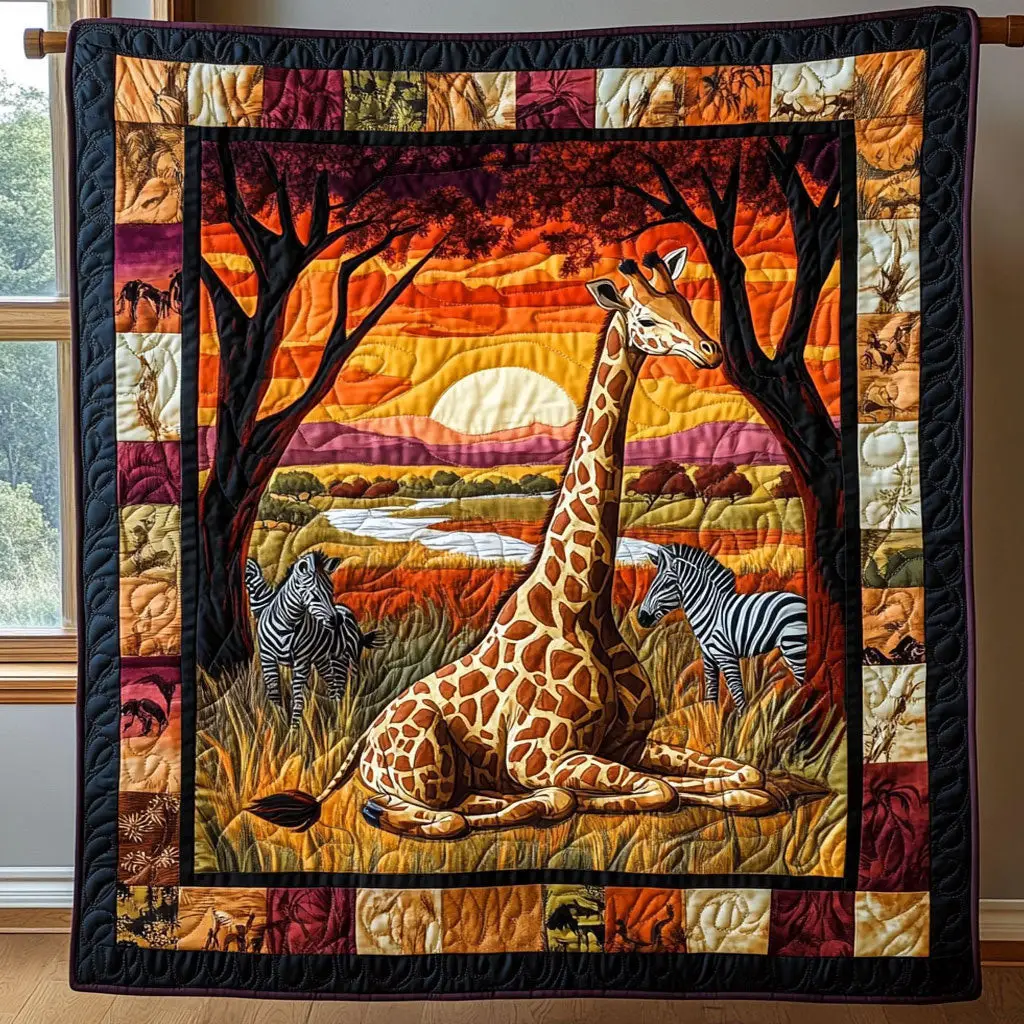 Giraffe Zebra Under Dawn Quilt Blanket African Art Throw Blanket Gifts For Animal Lovers