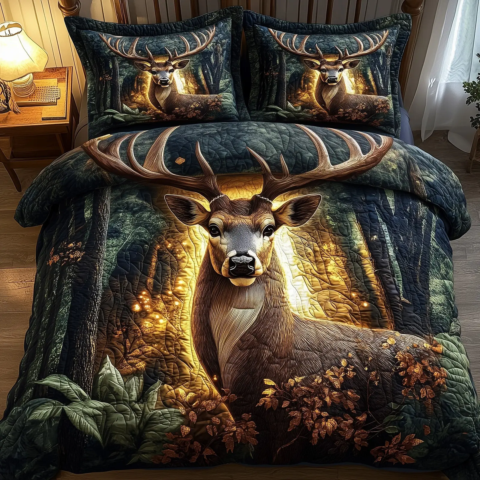 Glowing Deer Christmas Quilted Bedding Set Duvet Cover Bedspread Xmas Animal Theme Gifts