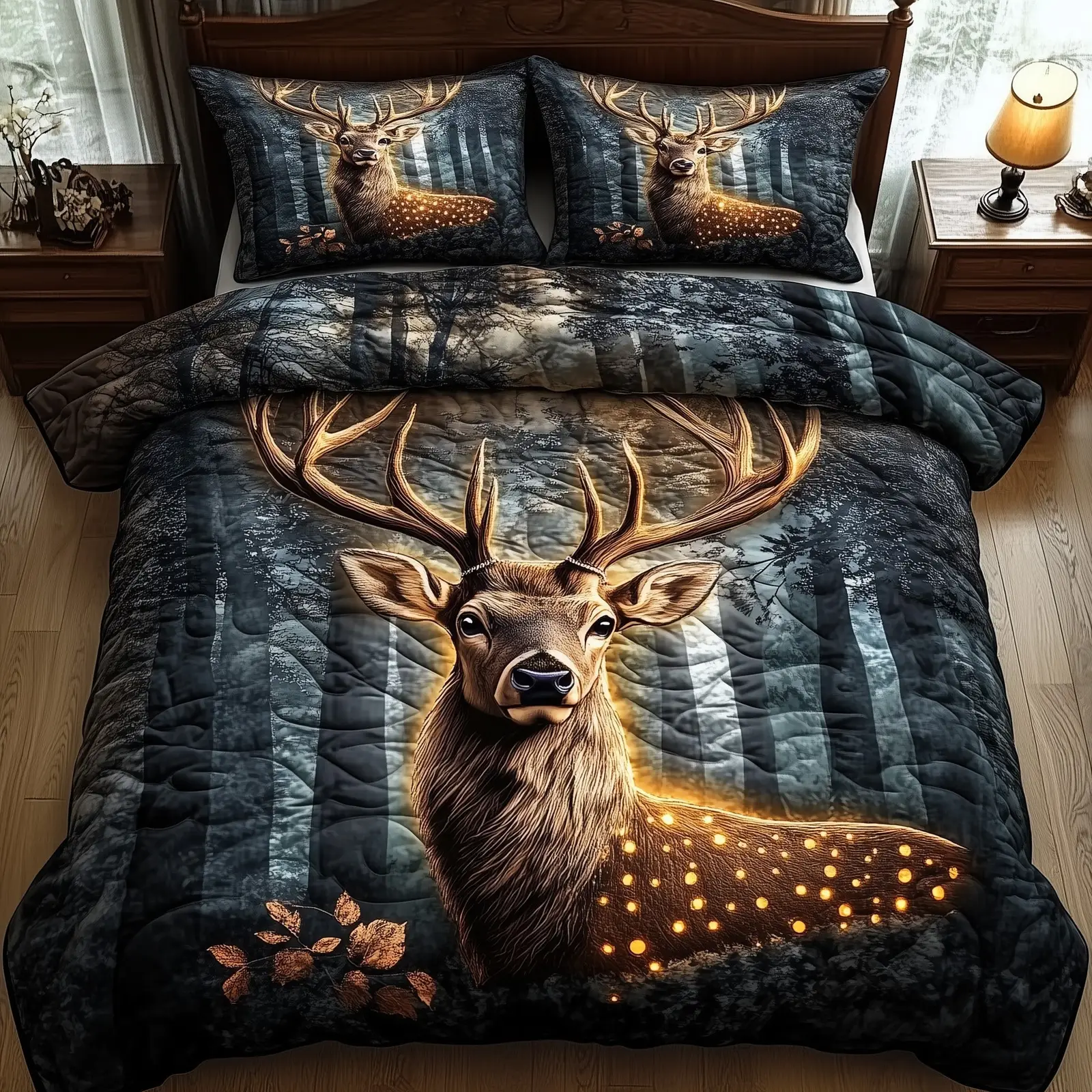 Glowing Deer Christmas Quilted Bedding Set Duvet Cover Bedspread Xmas Animal Theme Presents Glowing Deer Christmas Quilted Bedding Set Duvet Cover Bedspread Xmas Animal Theme Presents - Image 1