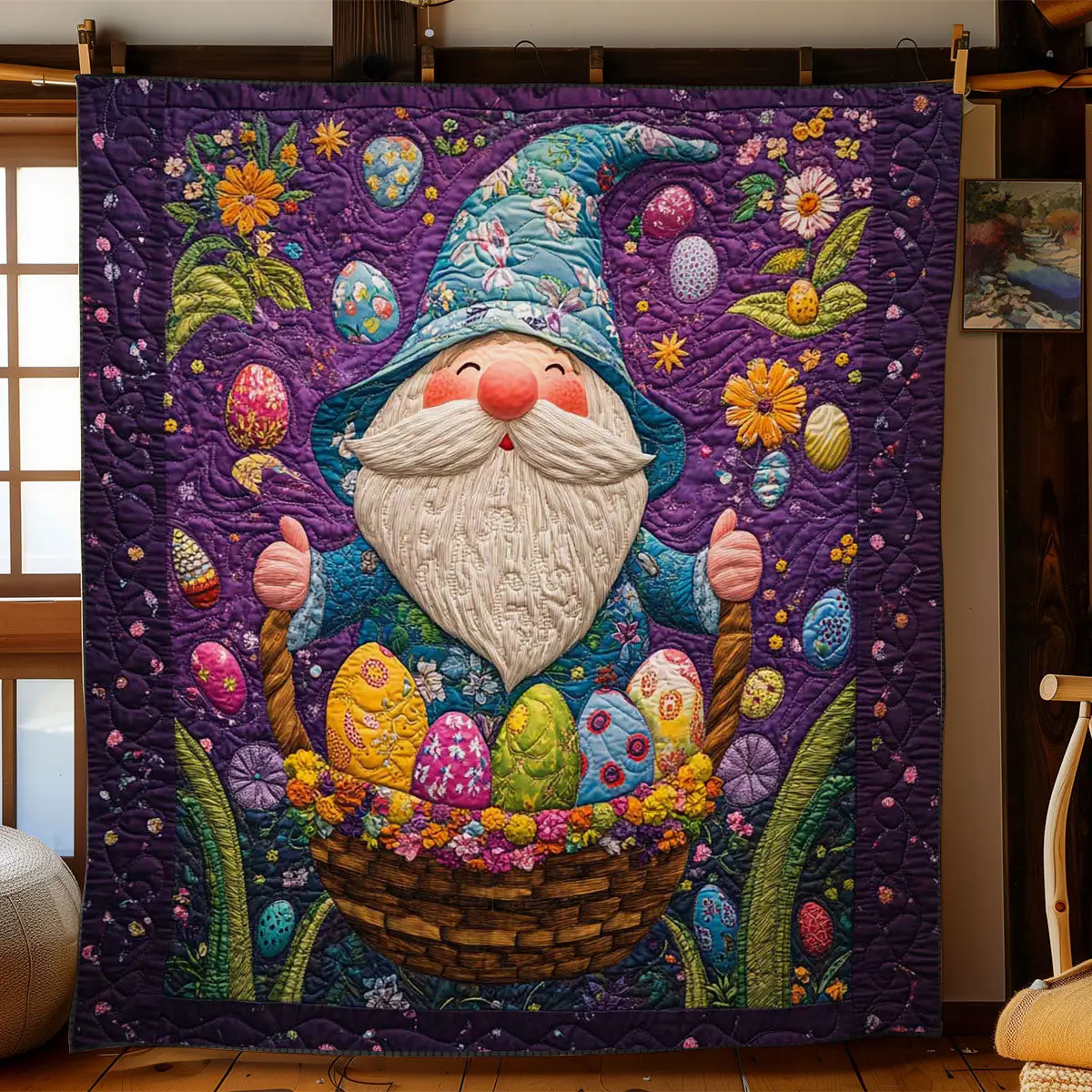 Gnome’S Easter Basket Quilted Blanket Bed Room Decoration Unique Gnome Gifts