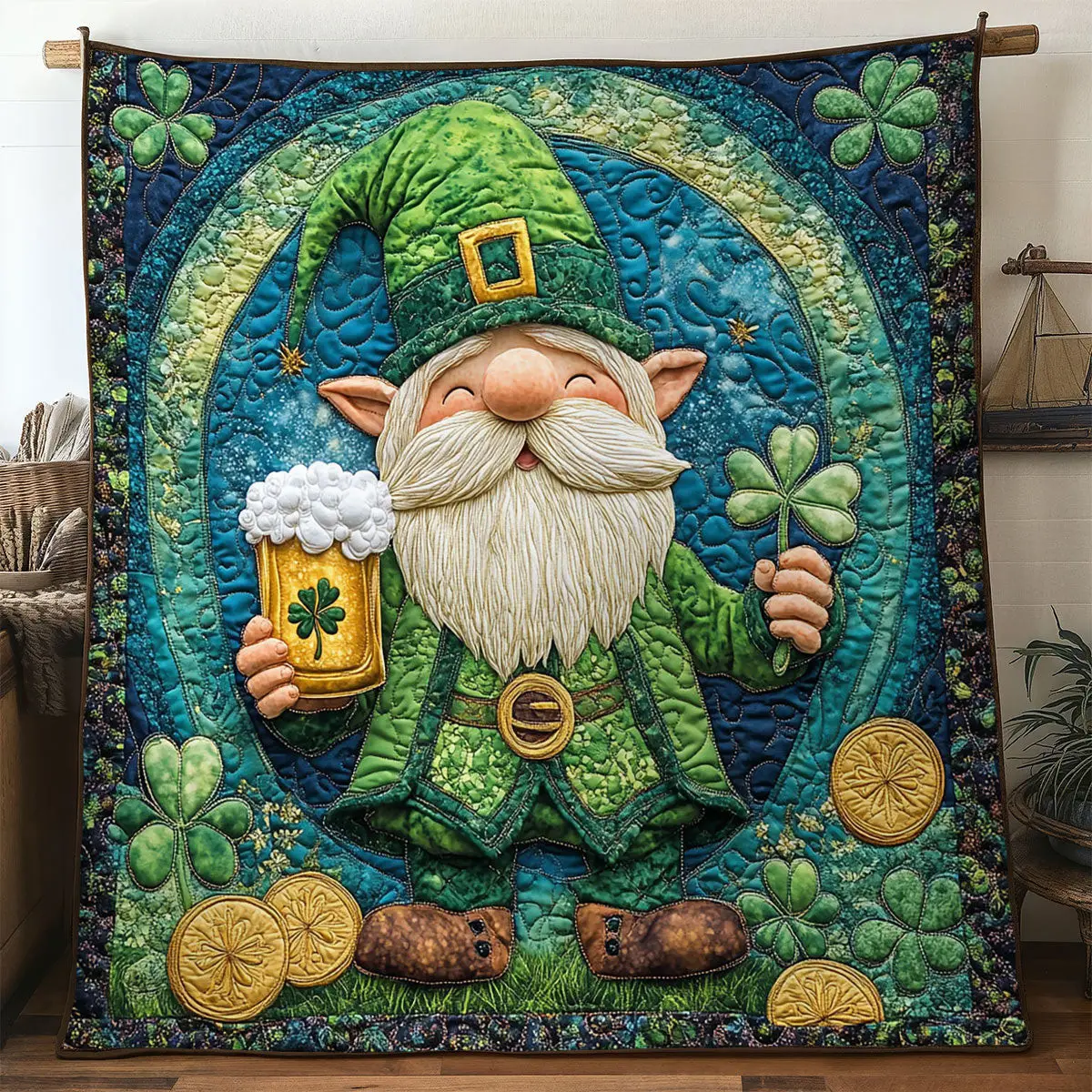 Gnome’s Green Parade Quilted Blanket Bedroom Decor Happy St Patrick's Day Gift For Husband