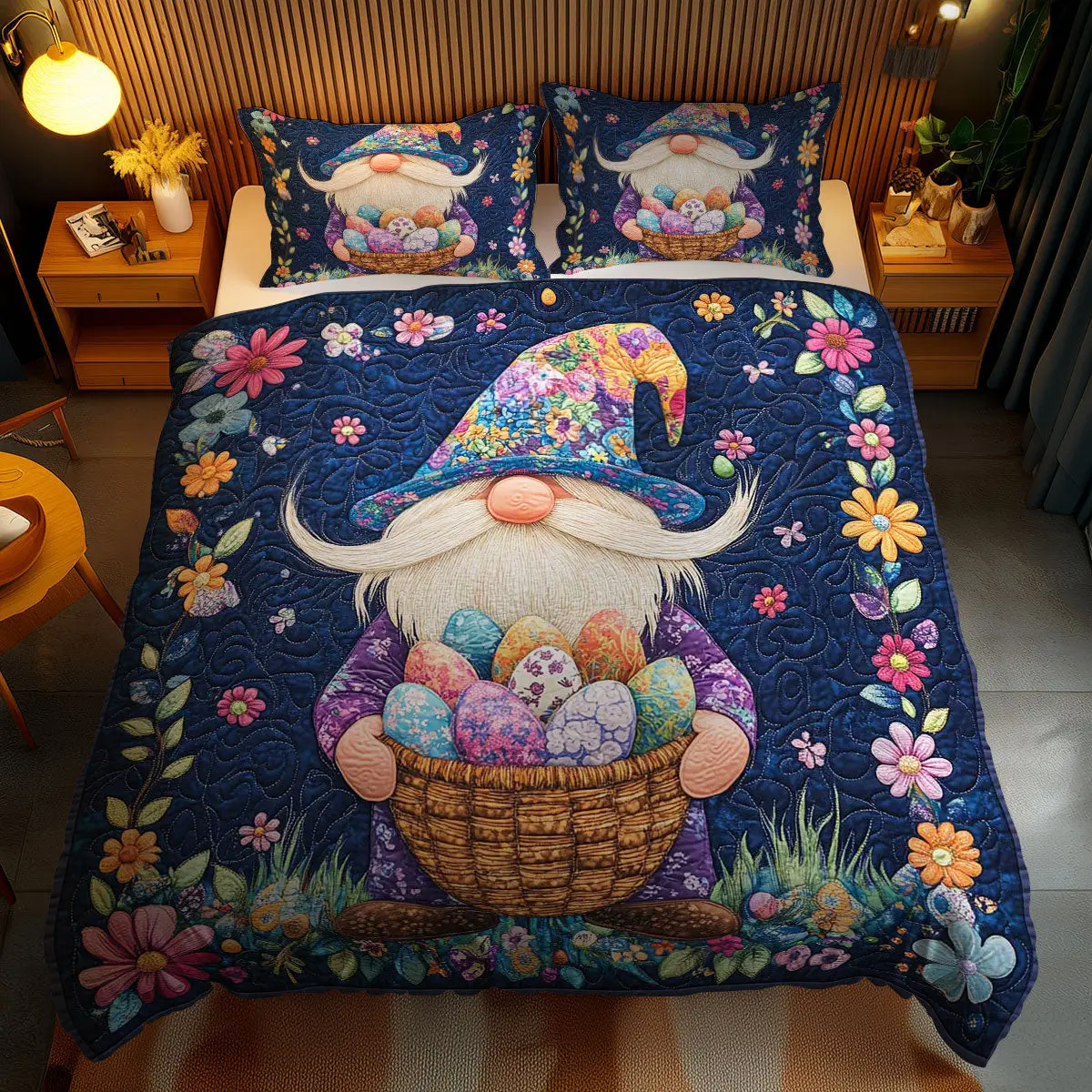 Gnome�s Egg Wonderland  Quilted Bedding Set Holiday Duvet Cover Set Gnome Gifts For Dad