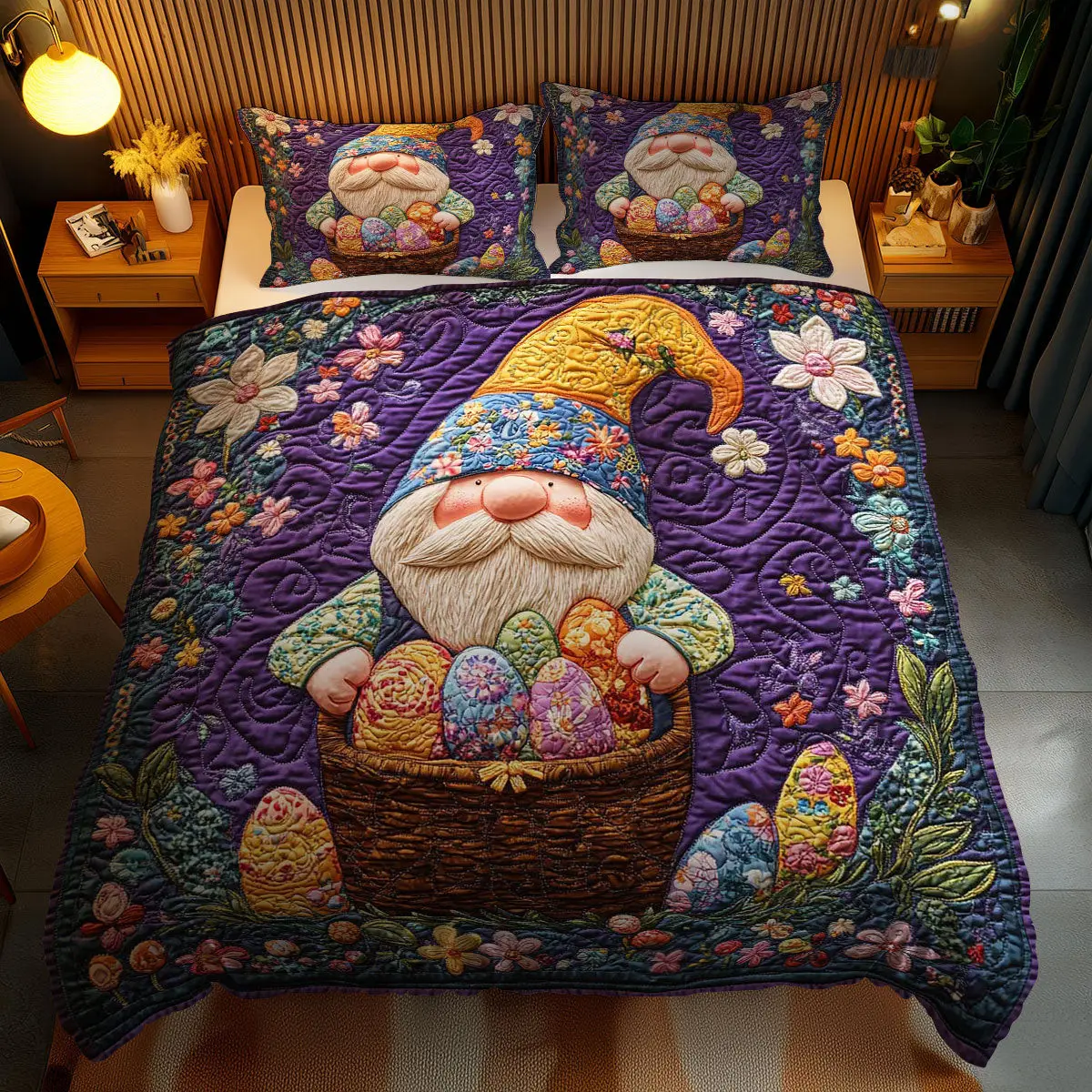 Gnome And Colorful Eggs Quilted Bedding Set Holiday Duvet Cover Funny Gnome Gifts