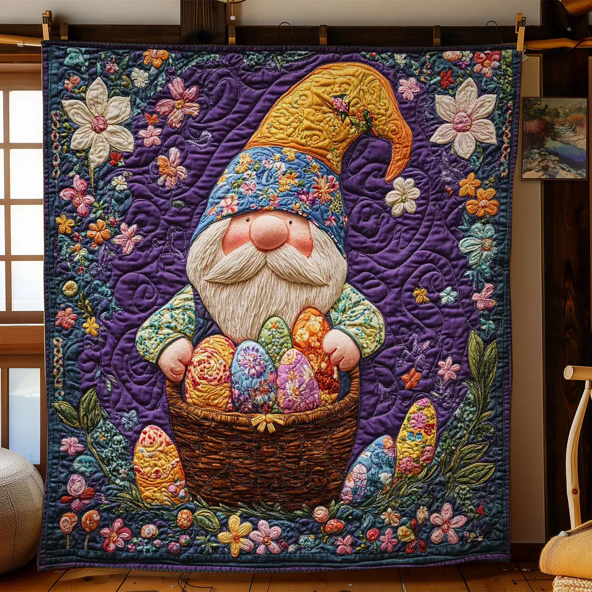 Gnome And Colorful Eggs Quilted Blanket Bed Room Decoration Gifts Ideas For Friends