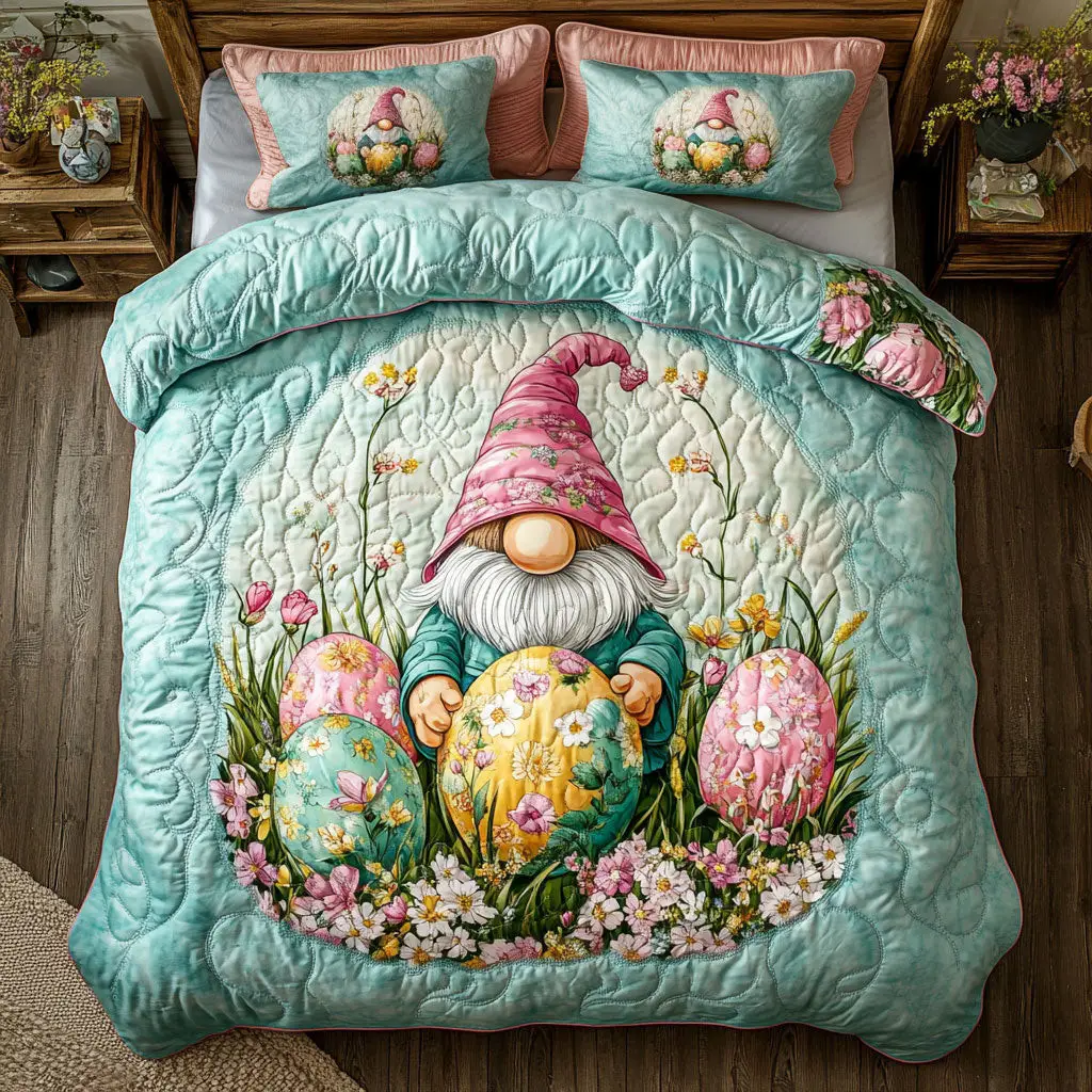 Gnome And Easter Egg Quilted Bedding Set Holiday Duvet Cover Gifts For Gnome Lovers