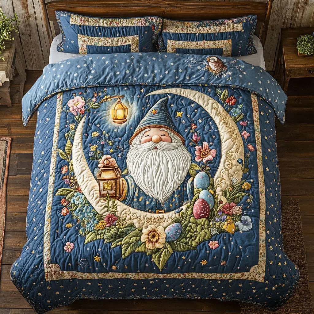 Gnome And Moon Quilted Bedding Set Holiday Duvet Cover Cute Gnome Gifts