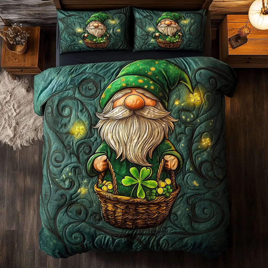 Gnome And Shamrock Basket Quilted Bedding Set Bedroom Design Cool St Patrick Gifts