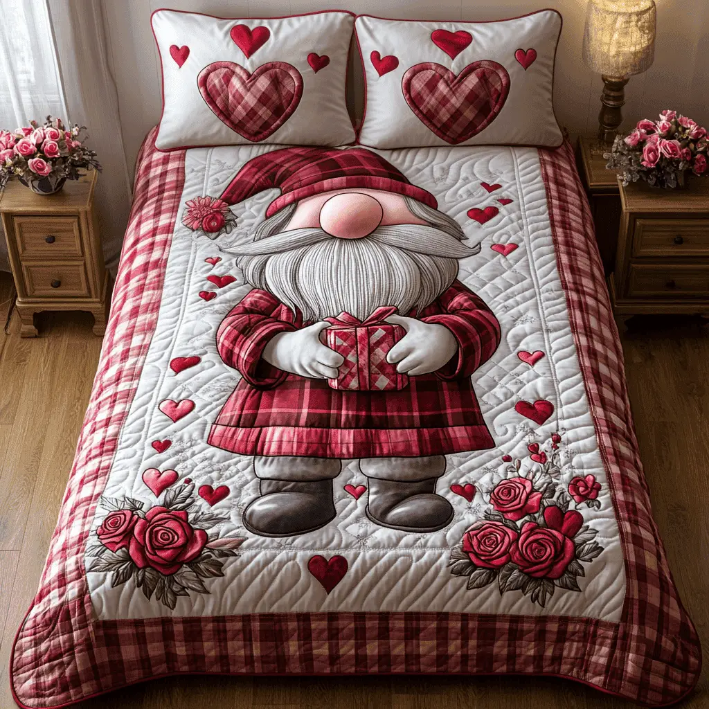 Gnome Charm Quilted Bedding Set Gnome Valentine Day Gift For Your Grandchild
