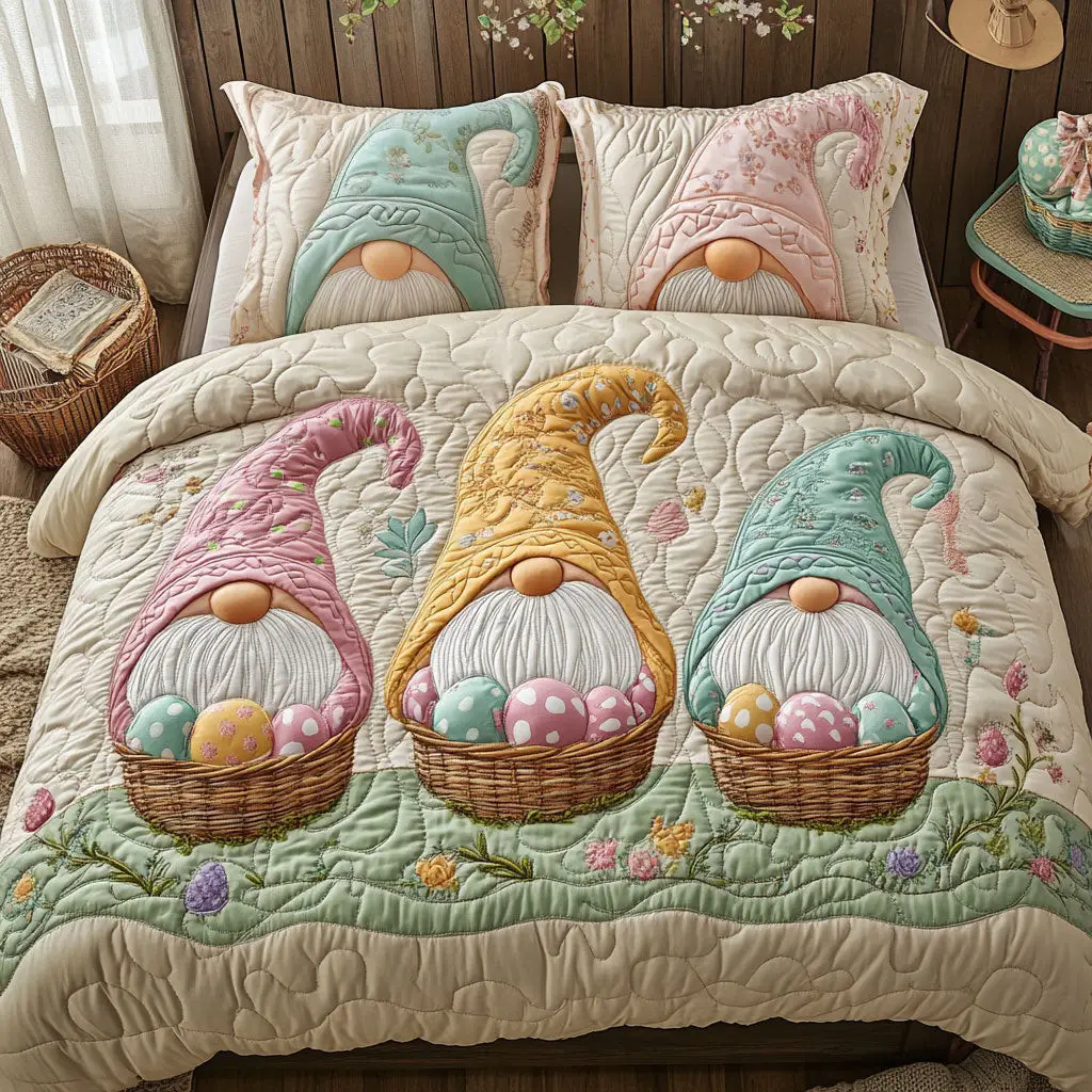 Gnome Easter Egg Quilted Bedding Set Holiday Duvet Cover Gnome Themed Gifts