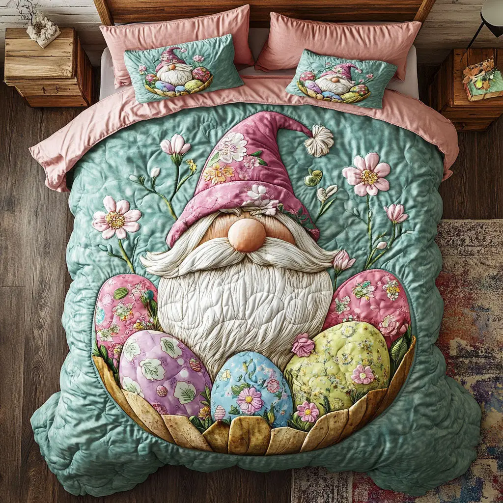 Gnome Easter Eggs Basket Quilted Bedding Set Holiday Duvet Cover Set Gifts For Gnome Lovers