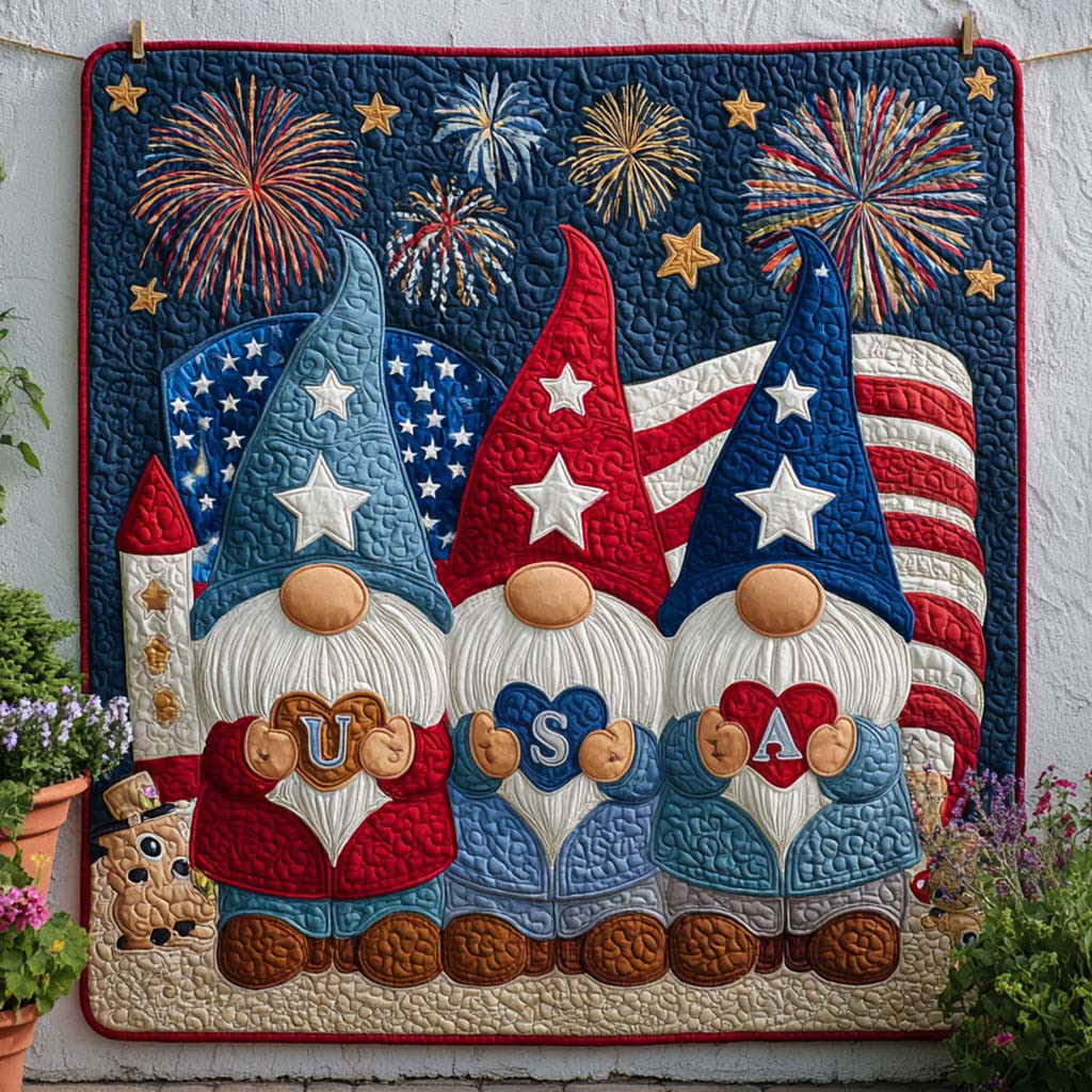 Gnome Firework Trio Quilted Blanket Christmas Room Decor Chicken Gifts For Him Her