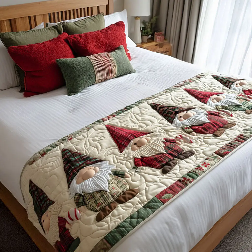 Gnome for the Holidays Quilted Bed Runner Christmas Gnome Theme Gift for Friends Gnome for the Holidays Quilted Bed Runner Christmas Gnome Theme Gift for Friends - Image 1