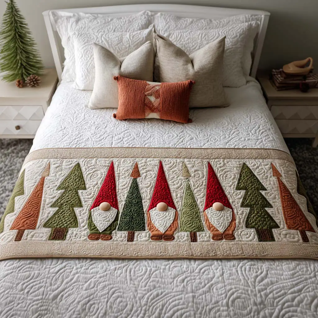 Gnome Forest Quilted Bed Runner Gnome Forest Christmas Gift for Mom