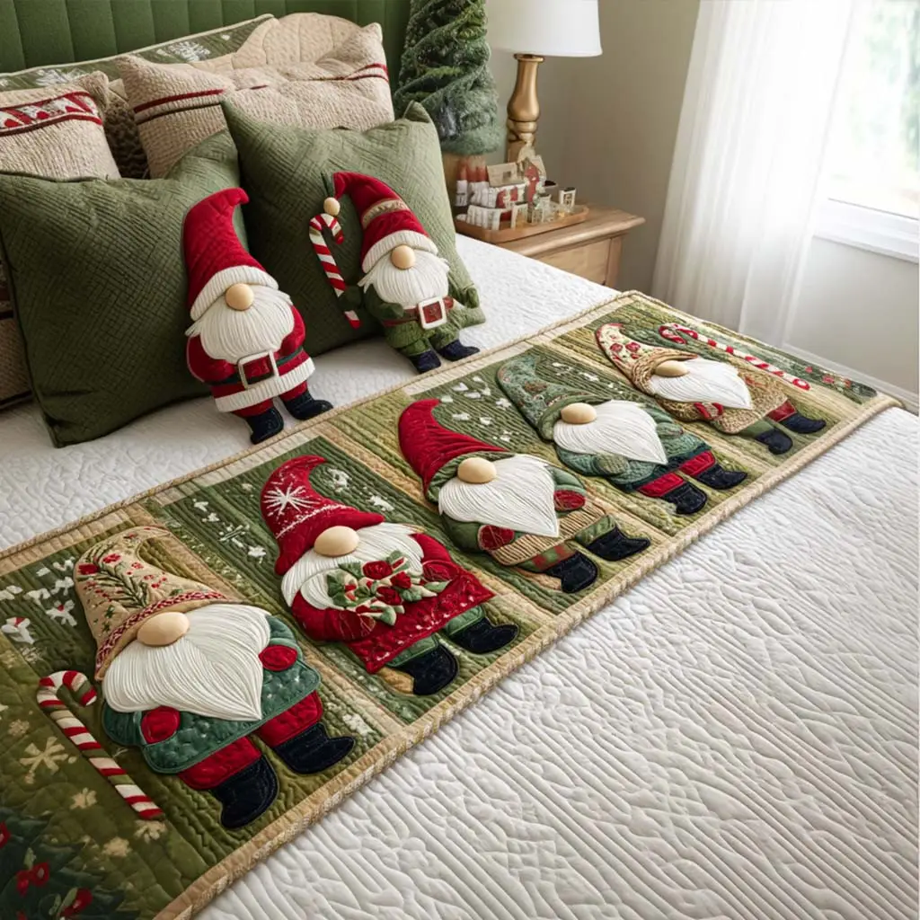 Gnome Gathering Quilted Bed Runner Holiday Gnome Pattern Christmas Gift for Cousin