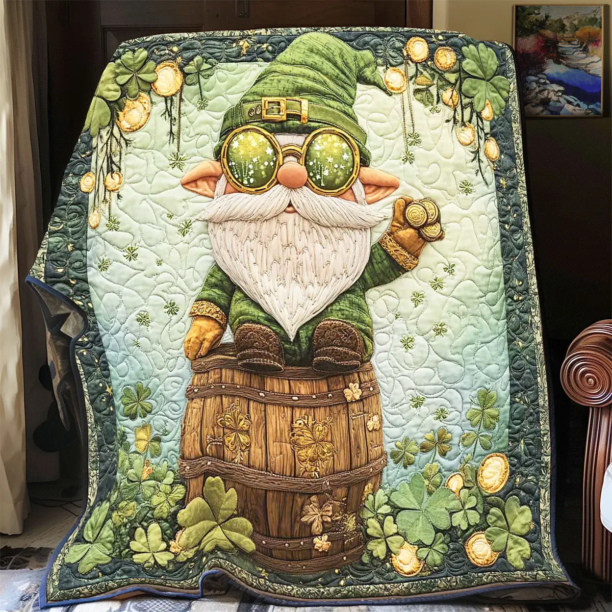 Gnome Gold Shamrock Happy Quilted Blanket St Patrick's Day Happy Gnome Lover Gifts