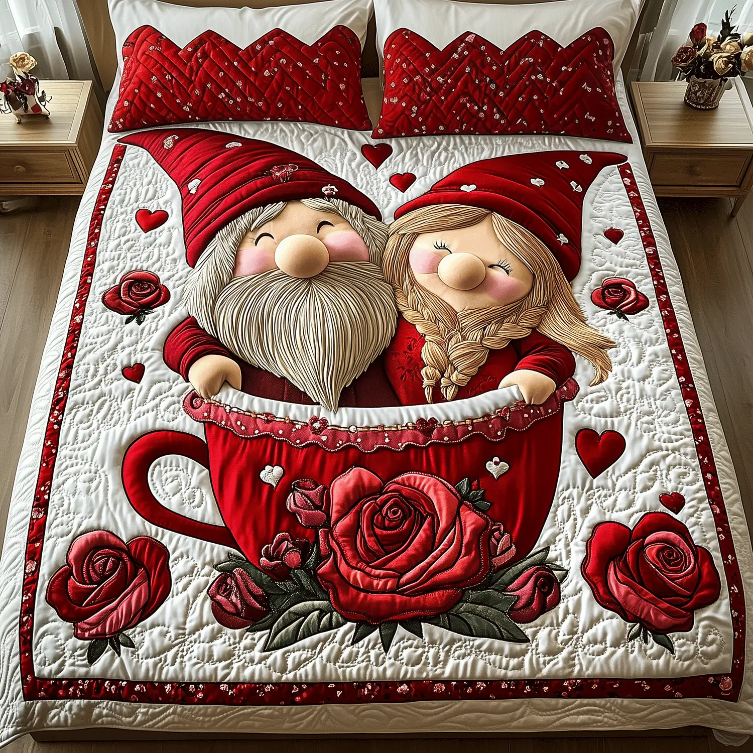 Gnome Happy Hearts Quilted Bedding Set Valentine Day Gifts For Aunts And Uncles