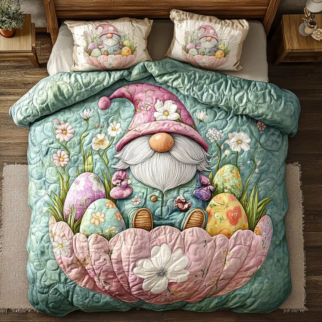 Gnome In Easter Egg Quilted Bedding Set Holiday Duvet Cover Set Best Gnome Gifts
