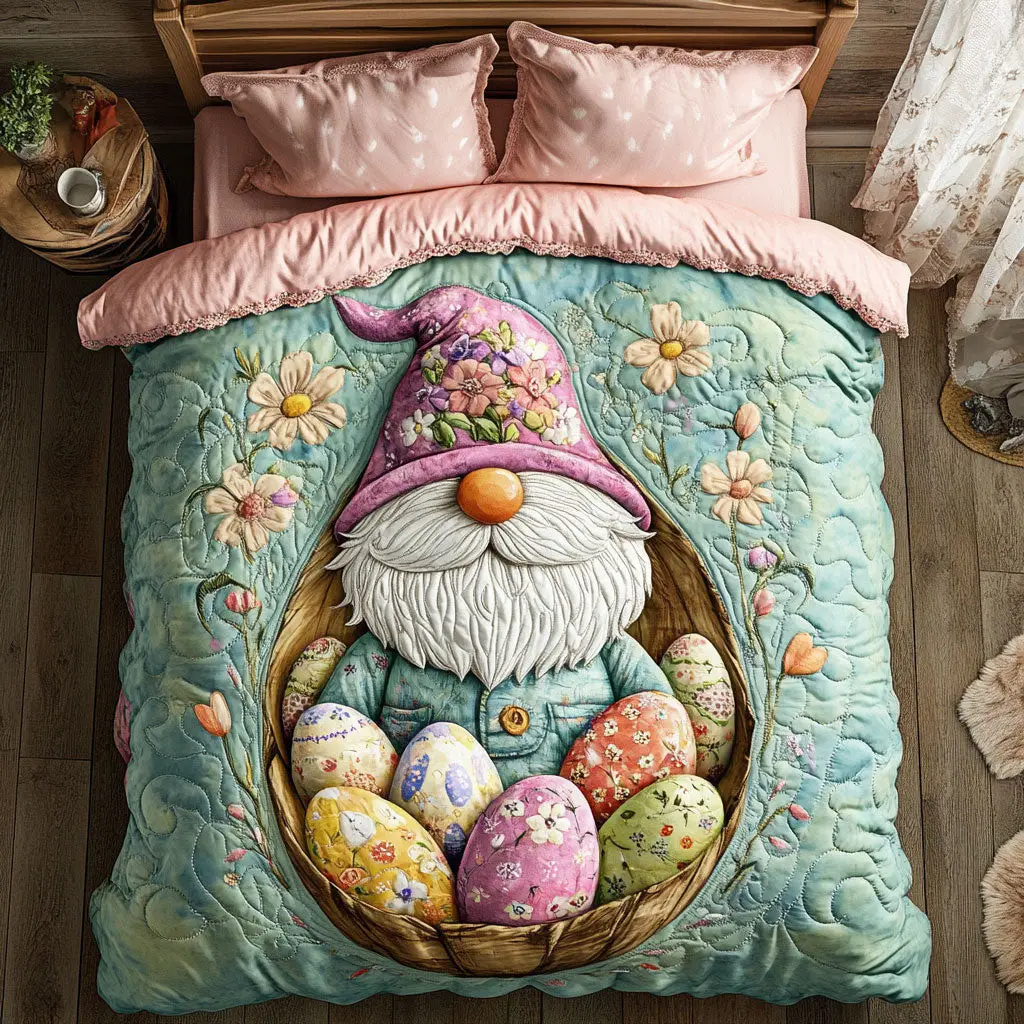 Gnome In Easter Egg Quilted Bedding Set Holiday Duvet Cover Set Gnome Themed Gifts