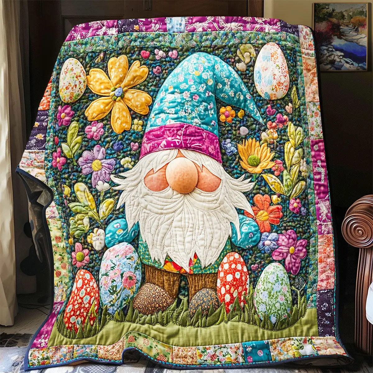 Gnome In Easter Garden Quilted Blanket Bed Room Decoration Gifts Ideas For Her