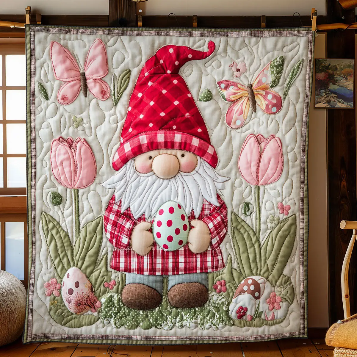 Gnome In Easter Garden Quilted Blanket Bed Room Decoration Gifts Ideas For Men