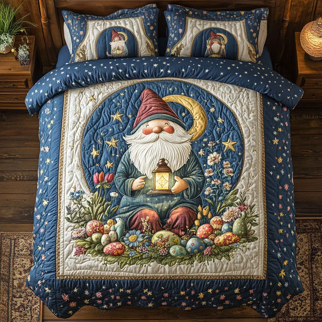 Gnome In Easter Night Quilted Bedding Set Holiday Duvet Cover Set Gnome Themed Gifts