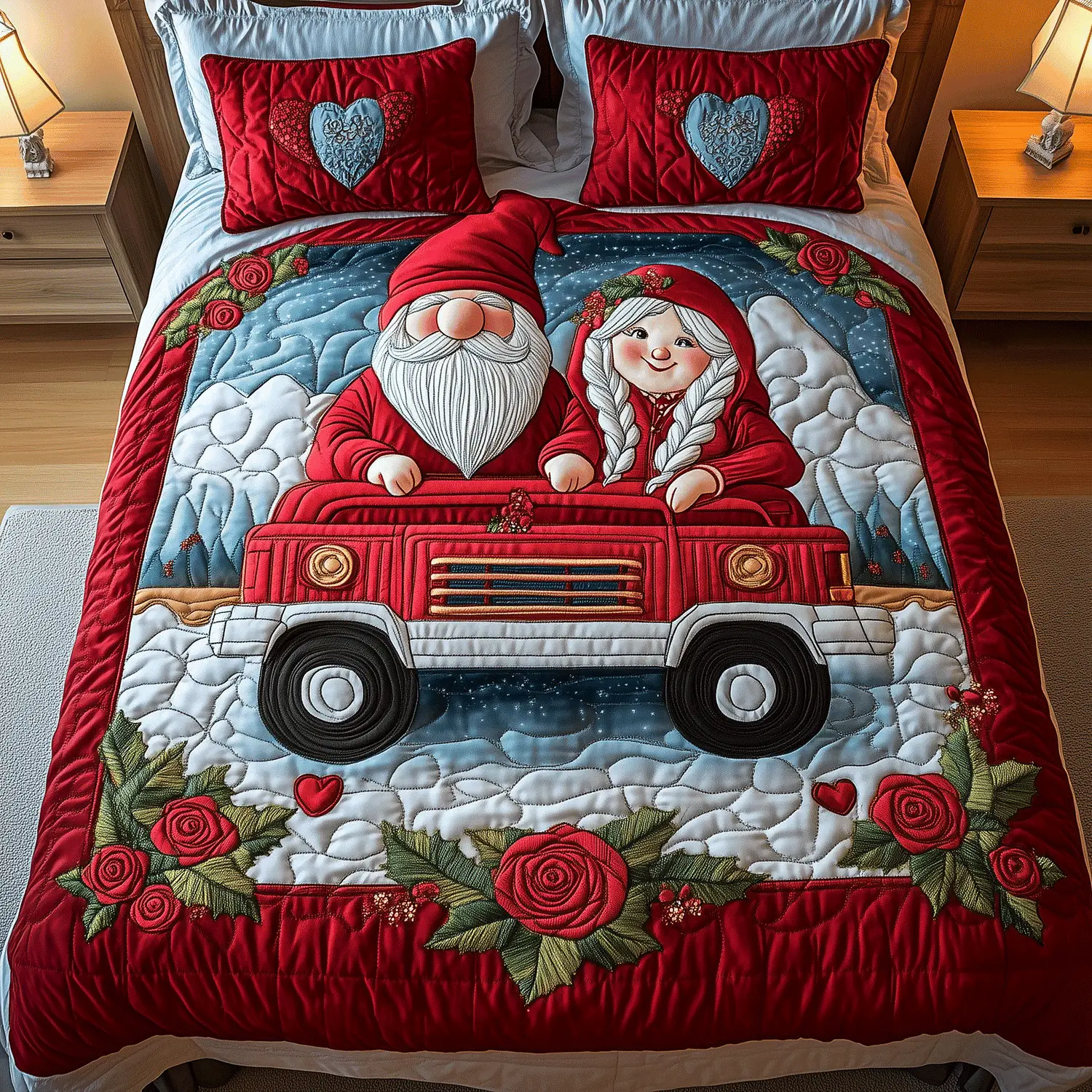 Gnome Love Highway Quilted Bedding Set Couple Modern Bedroom Decor Valentines Gifts For Women