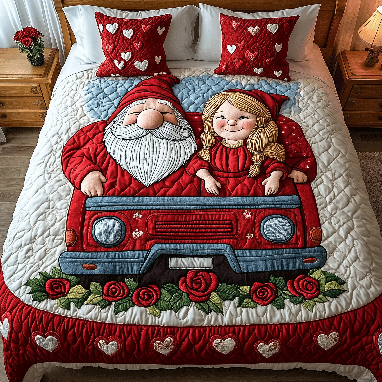 Gnome Love On Wheels Quilted Bedding Set Valentine Day Gift Ideas For Entire Family