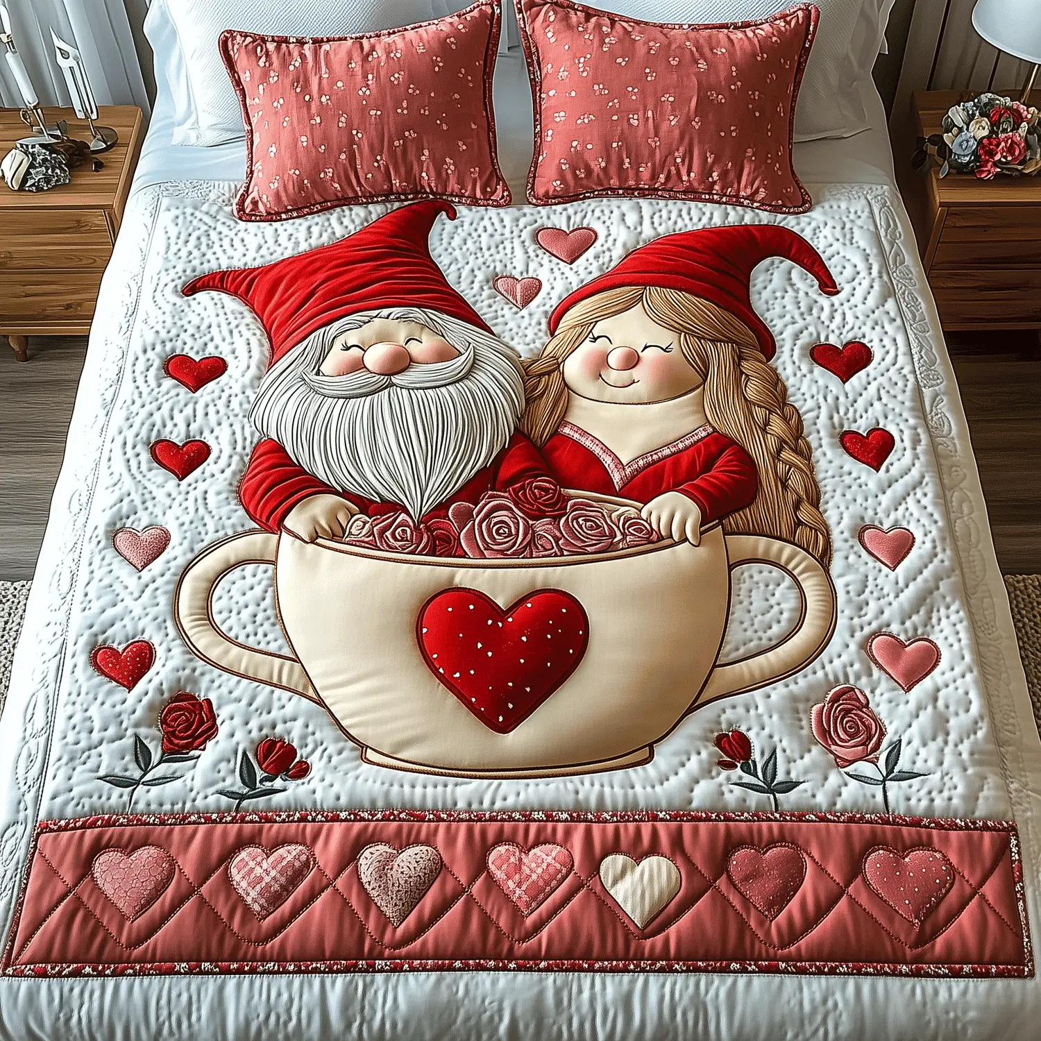 Gnome Lovers Quilted Bedding Set Rustic Home Decor Valentine Gift For Girlfriend