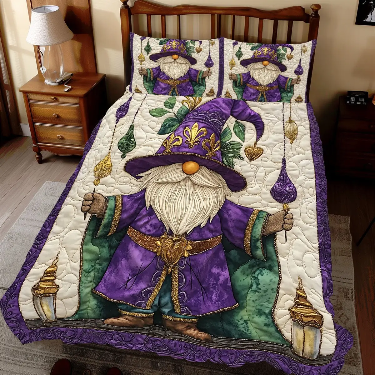 Gnome Mardi Gras Quilted Bedding Set Holiday Duvet Cover Room Decor Gnome Gifts For Her