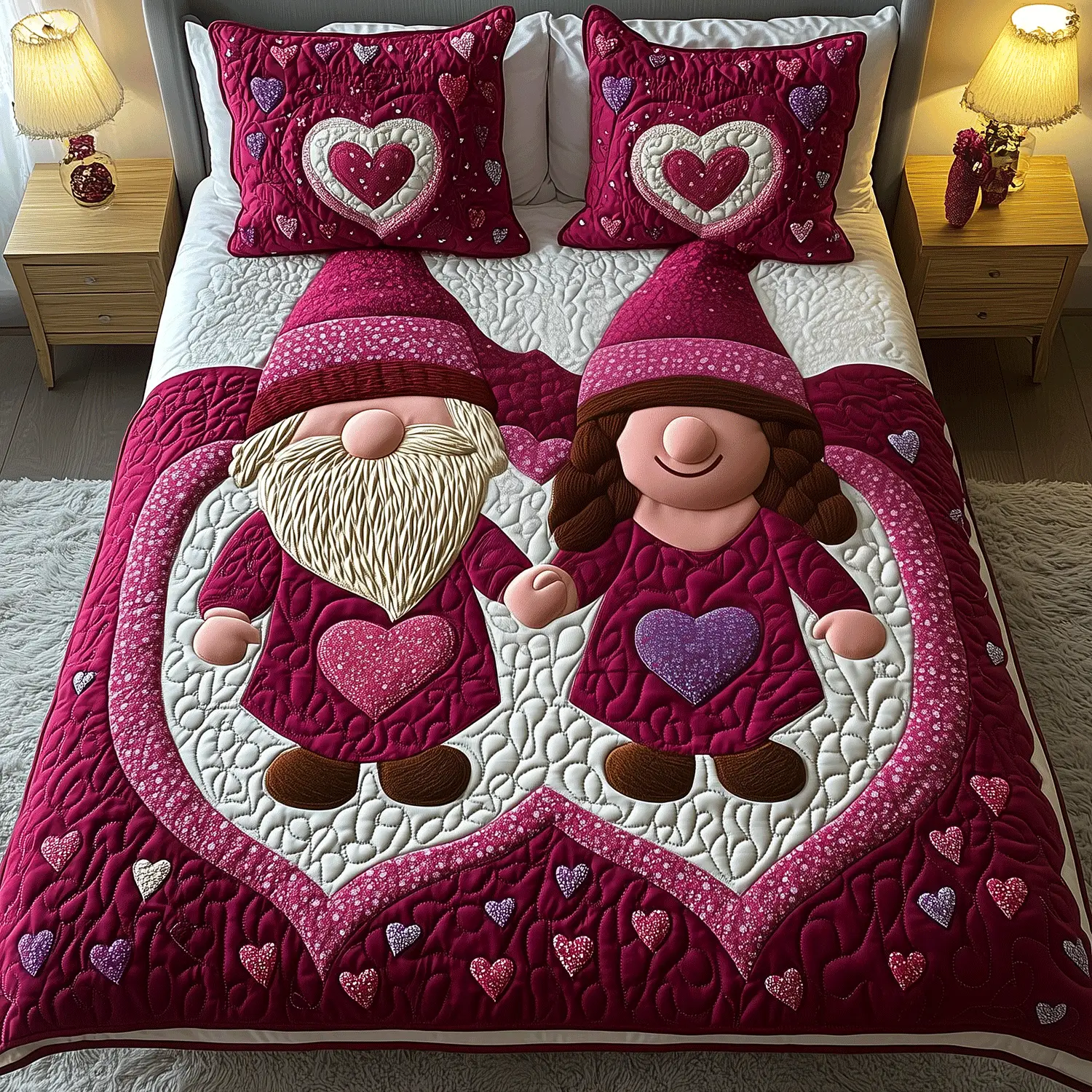 Gnome Nest Quilted Bedding Set Pink Gnome Gifts For Couples Valentine Day