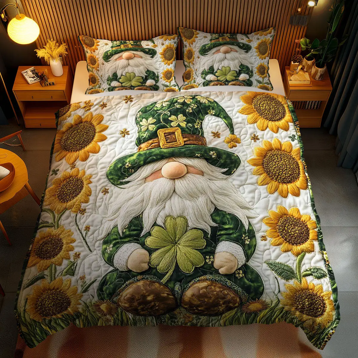 Gnome Of Sunshine And Luck Quilted Bedding Set Bedroom Design Cool St Patrick Gifts Idea