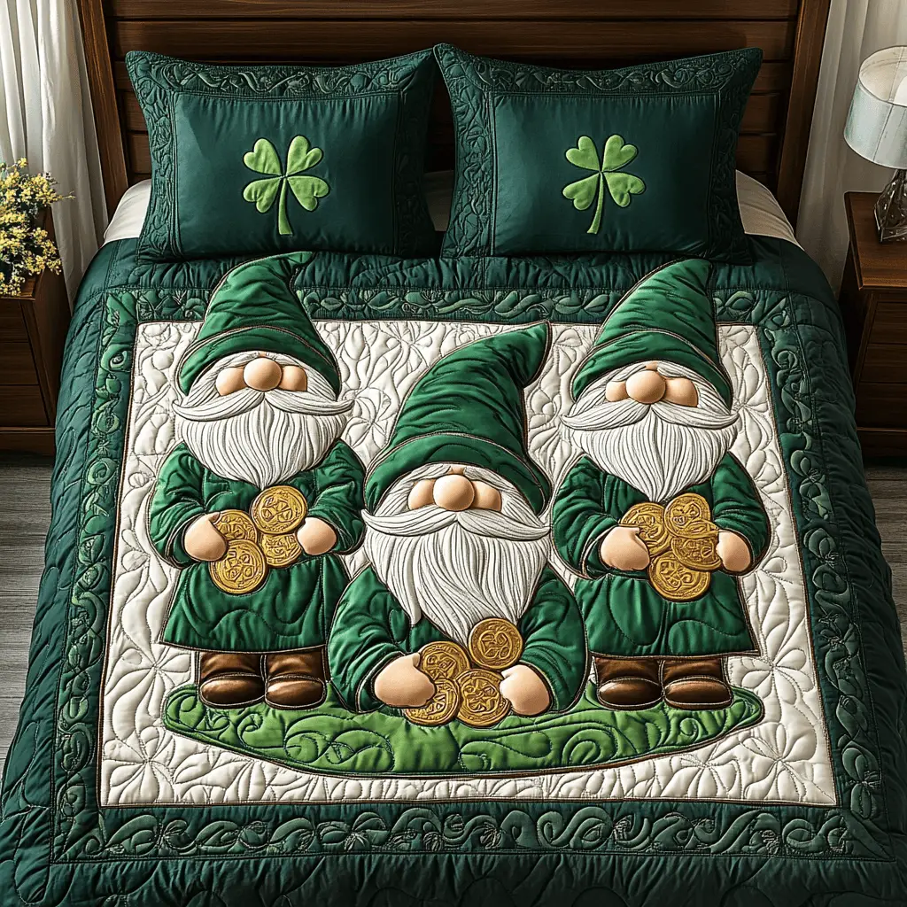 Gnome Quilt Bedding Set Shamrock Gnome Perfect Gift For St. Patrick’s Day And Fantasy Lovers