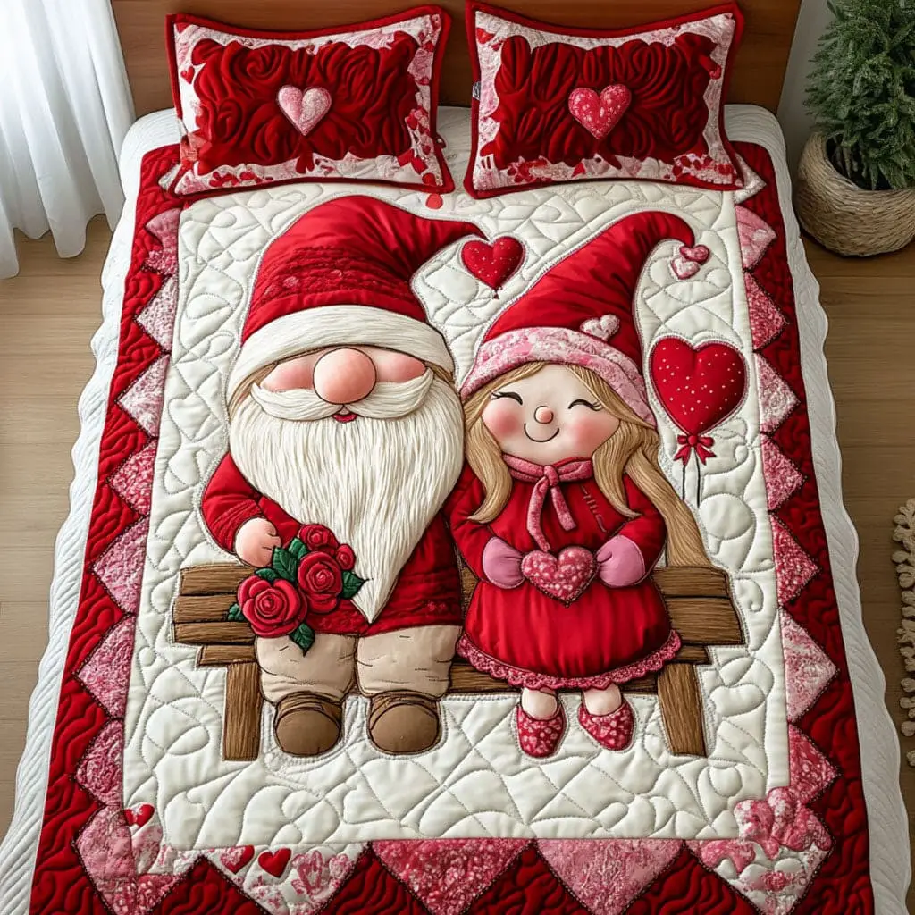 Gnome Quilted Bedding Set Cute Gnome Couple Duvet Cover Valentine Day Ideas For Family