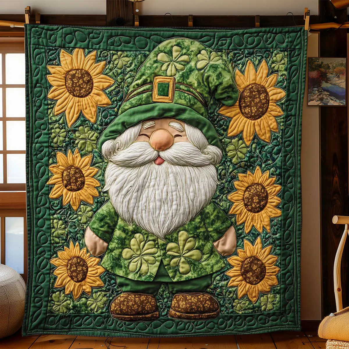 Gnome Sunflower Charm Quilted Blanket Happy St Patrick's Day Gnome Themed Gifts Gnome Sunflower Charm Quilted Blanket Happy St Patrick's Day Gnome Themed Gifts - Image 1