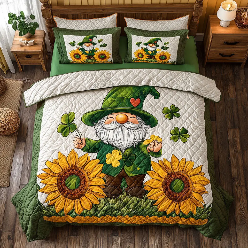 Gnome Suower Quilted Bedding Set Shamrock Duvet Cover St Patricks Day Gift