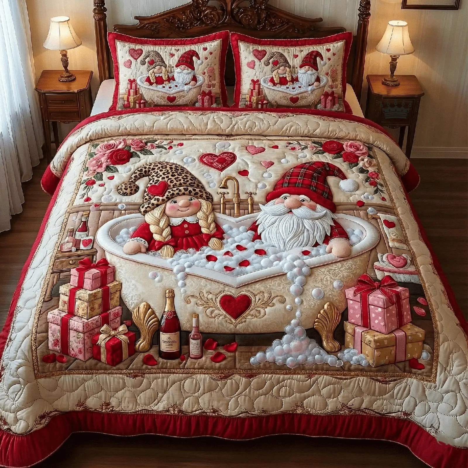 Gnome Sweethearts Bedding Set Quilt Valentine Duvet Covers For Couples