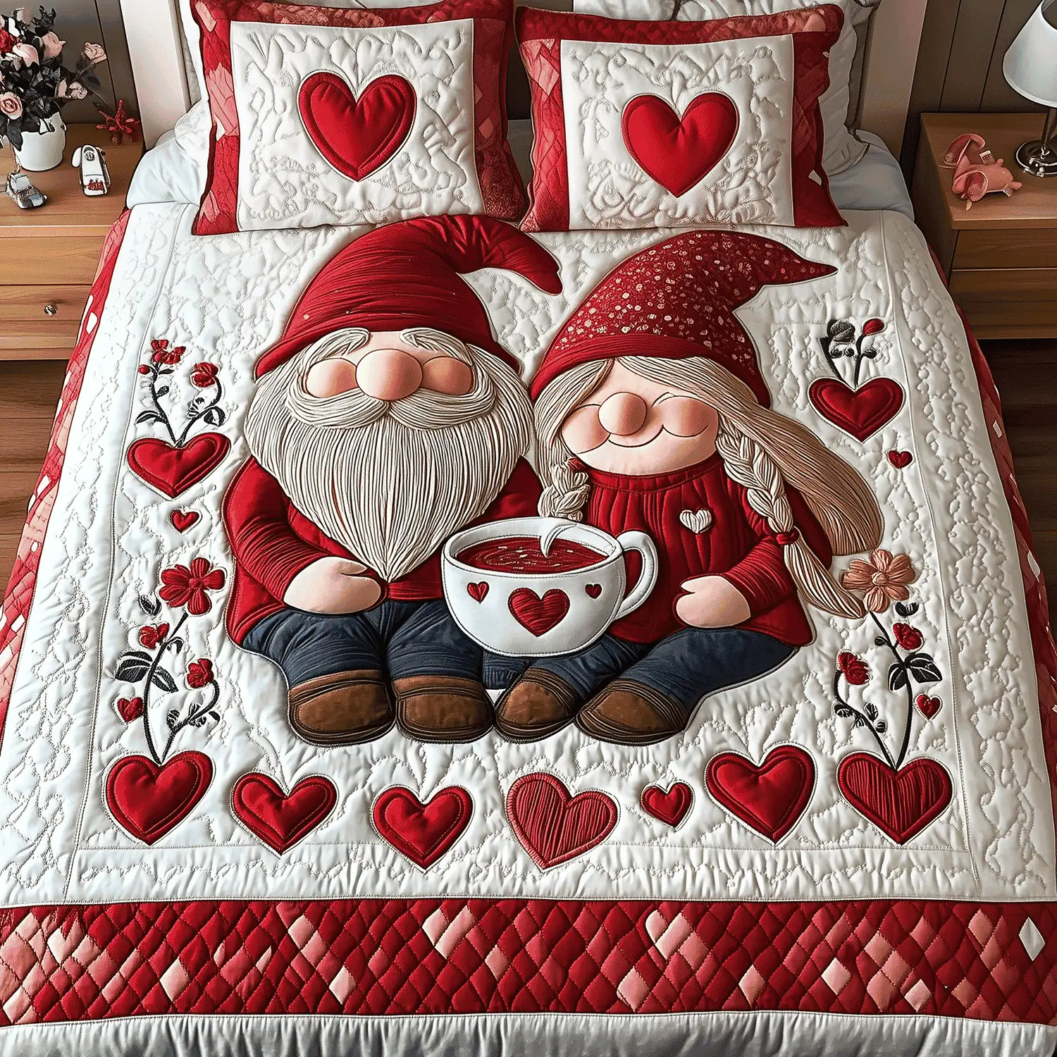 Gnome Timeless Love Quilted Bedding Set Cute Valentine Day Gift Ideas For Him