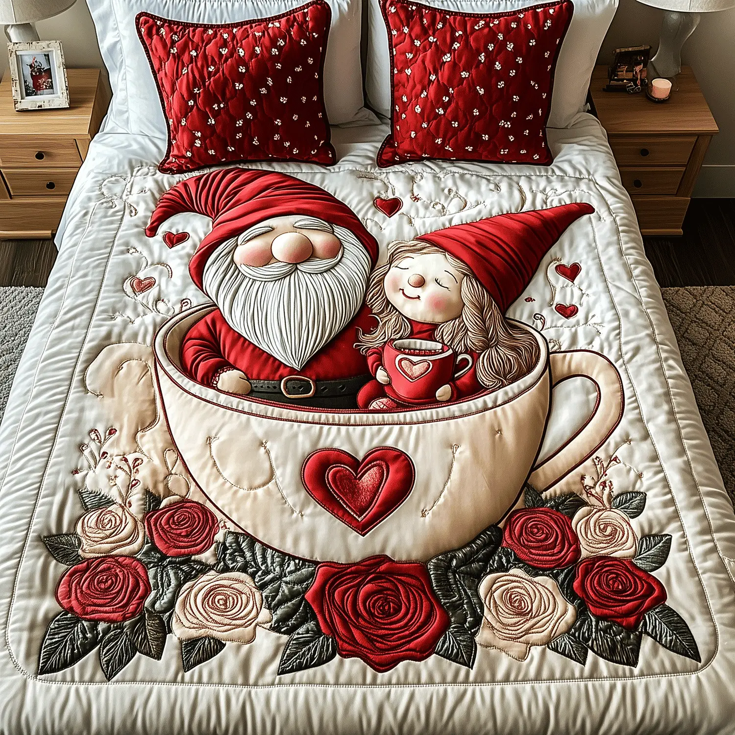 Gnome Together Quilted Bedding Set Cozy Home Decor Unique Valentine's Day Ideas Gifts