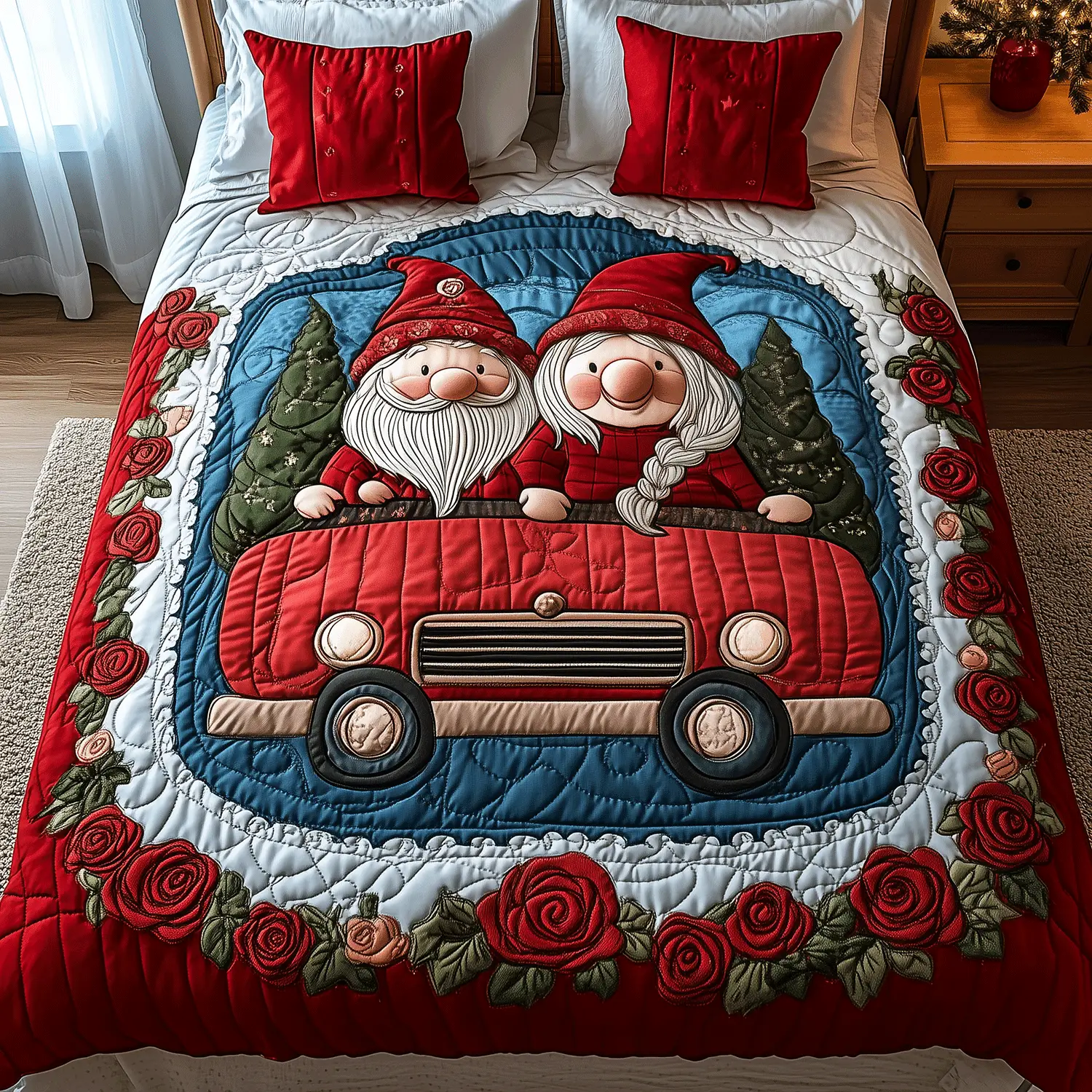 Gnome Truck Love Quilted Bedding Set Vintage Home Decor Valentines Gifts For Boyfriend