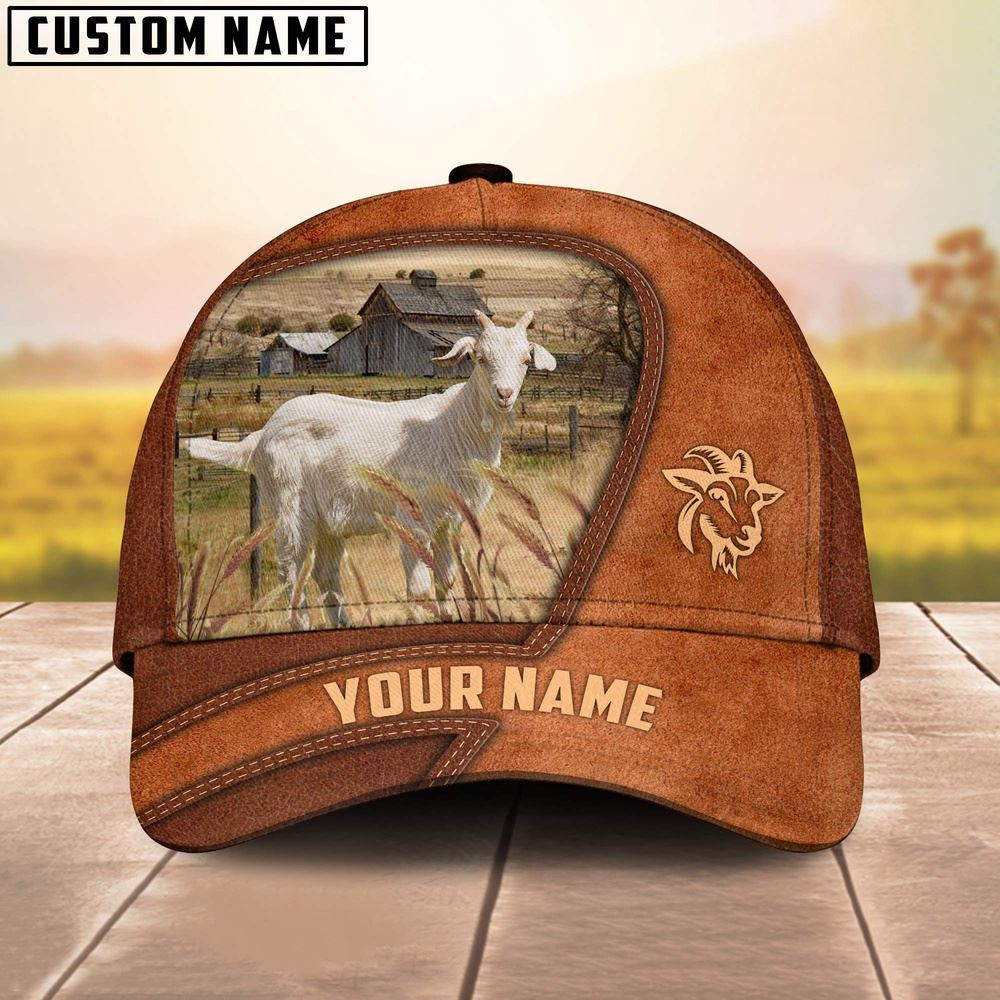 Goat Customized Name Brown Leather Pattern Cap Farm Cap Farmer Baseball Cap Gift For Farmer Goat Customized Name Brown Leather Pattern Cap Farm Cap Farmer Baseball Cap Gift For Farmer - Image 1