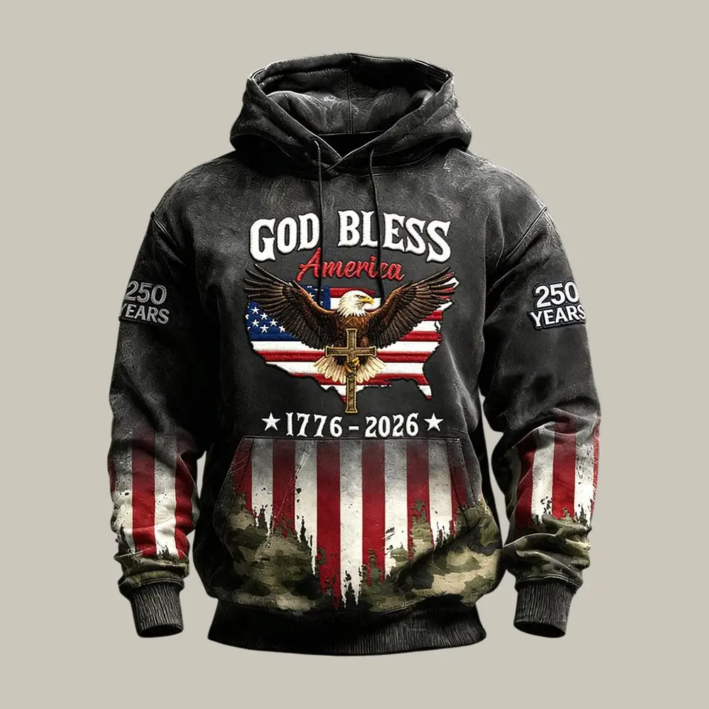 God Bless America 250 Years 1776 2026 Hoodie American Eagle Apparel Gift For Patriotic Men God Bless America 250 Years 1776 2026 Hoodie American Eagle Apparel Gift For Patriotic Men - Image 1