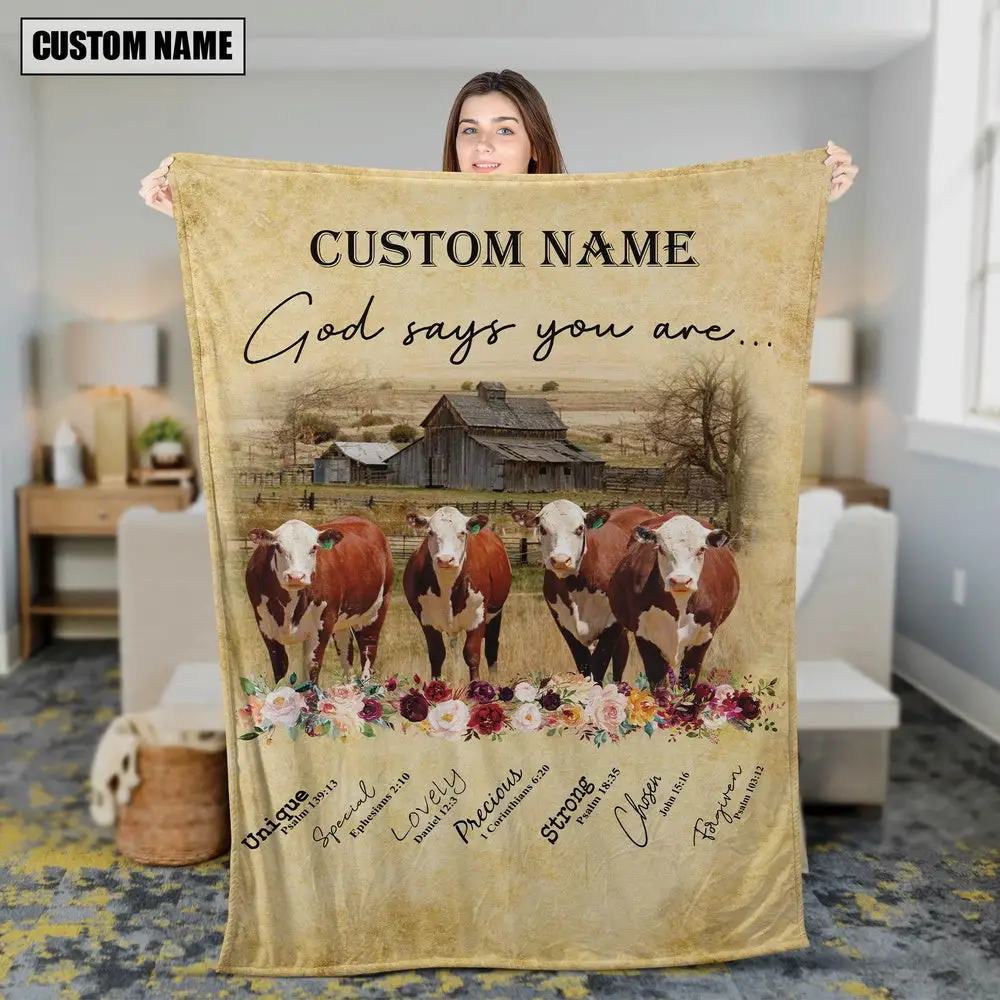 God Says You Are Personalized Name Hereford Farm Animal Blanket Gift For Whole Family