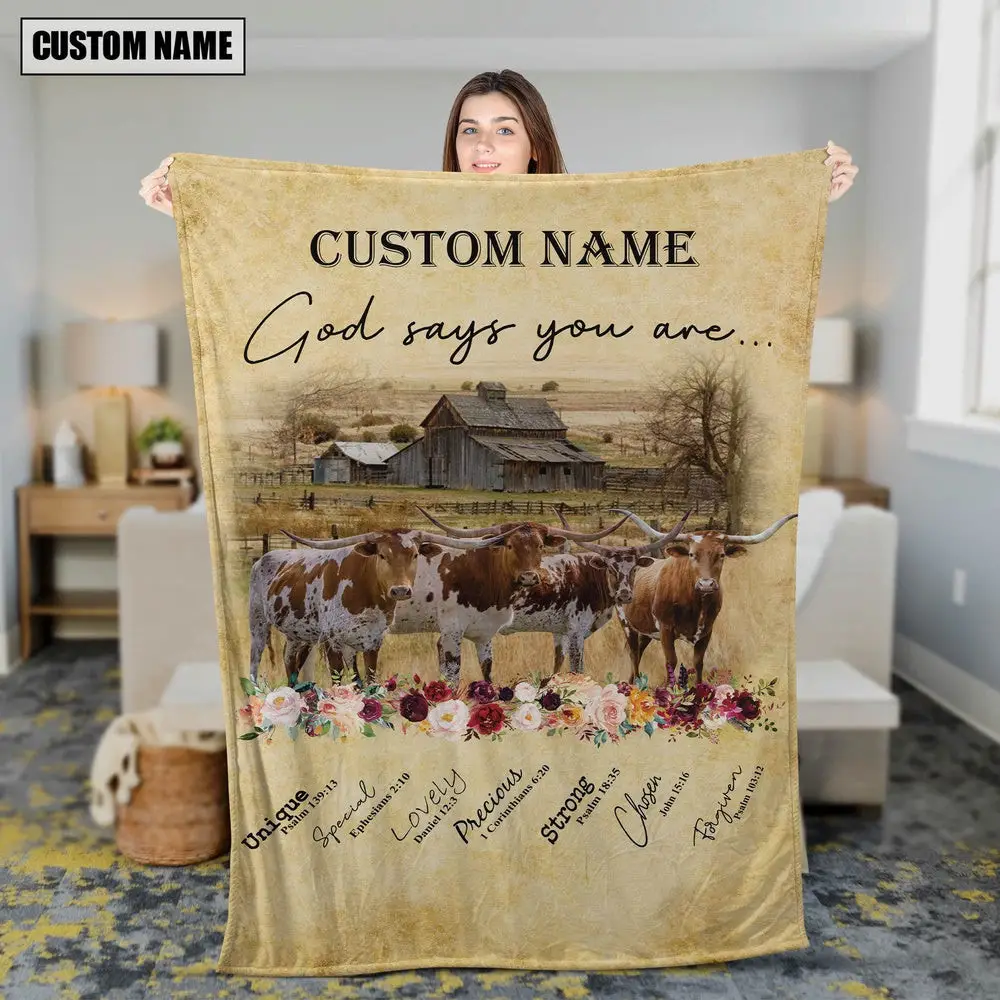 God Says You Are Personalized Name Texas Longhorn Animal Blanket Gift For Whole Family