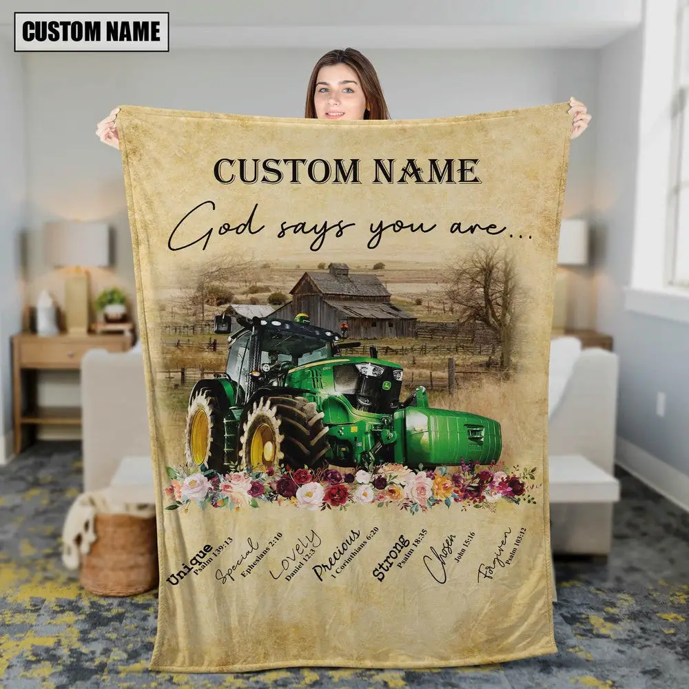 God Says You Are Personalized Name Tractor Blanket Gift For Whole Family