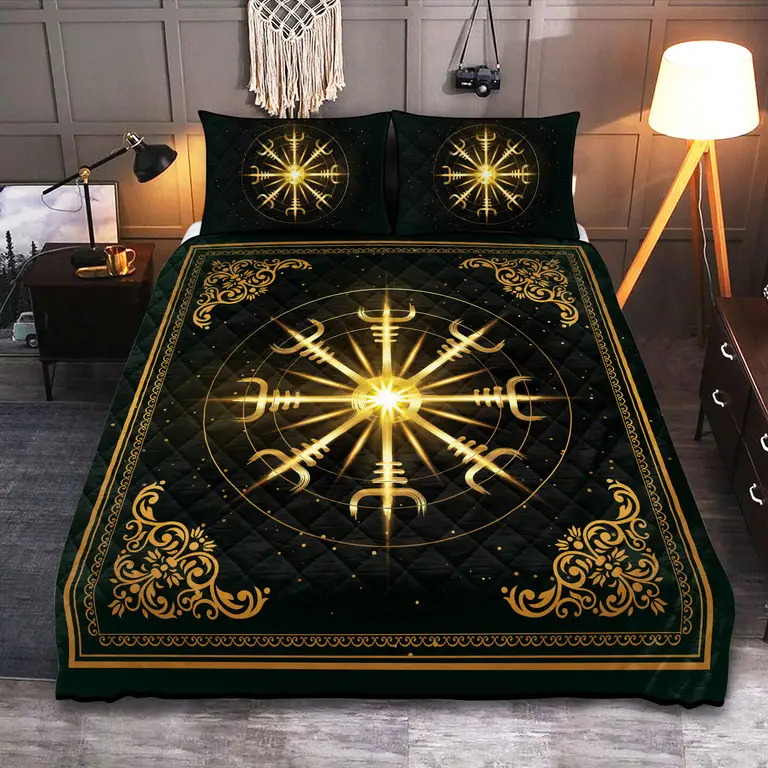 Gold Light Helm of Awe Viking Quilted Bedding Set Holiday Bedroom Decor Gift For Son