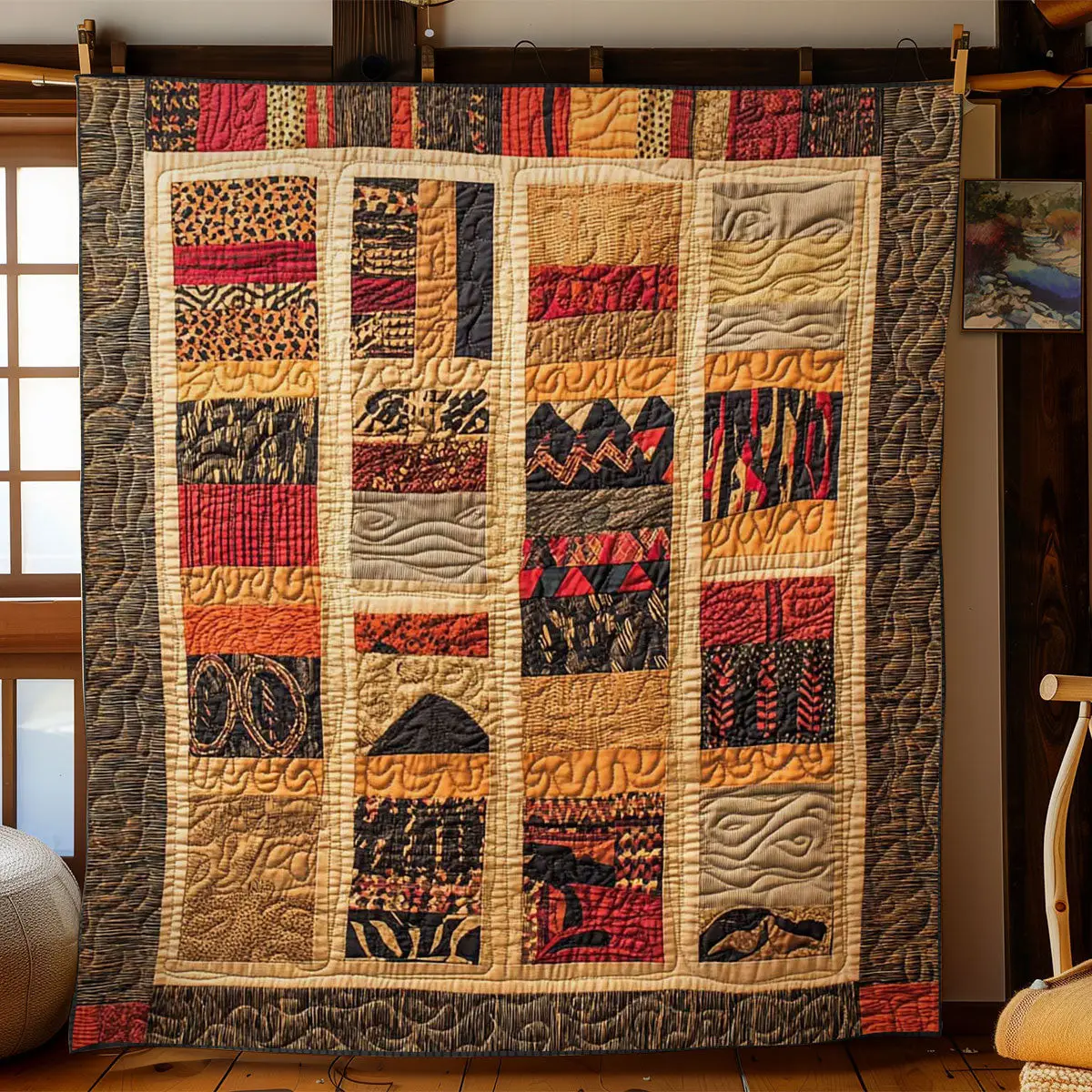 Golden African Patchwork Quilt Unique Quilt Blanket Gift for Special Occasions